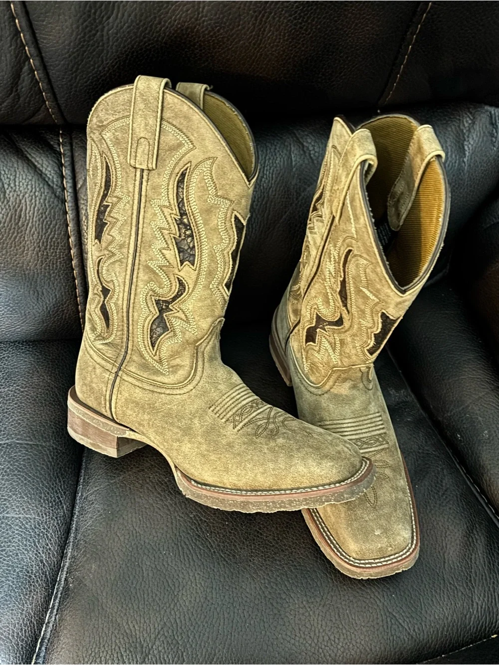 Ariat Tan Suede Cowboy Western Boots with Embroidered Shaft